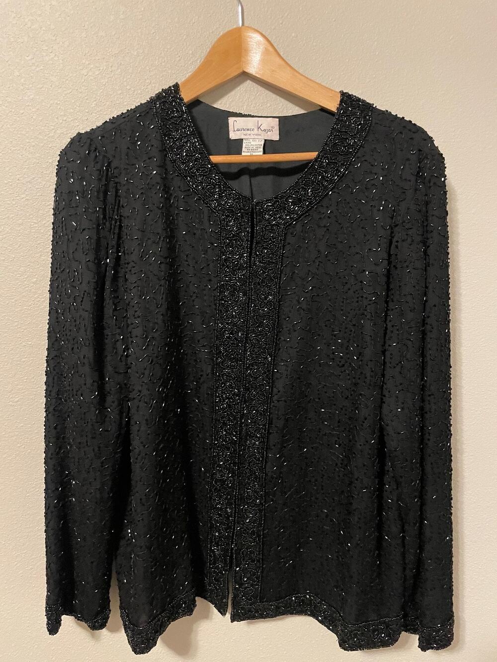 Vintage Laurence Kazar Jacket Womens XL Black Silk Beaded Evening Party 90s